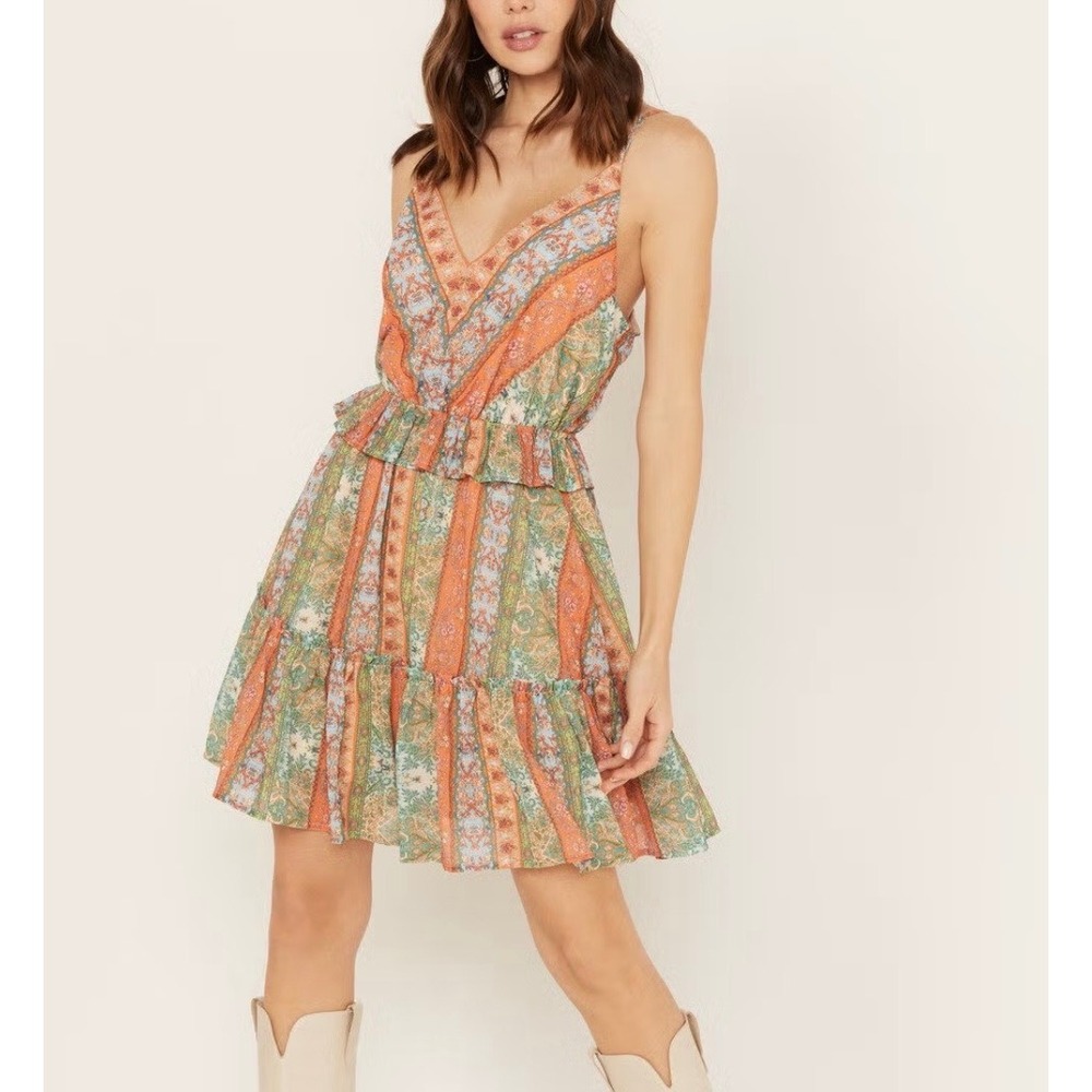 Flying Tomato‎ Women Paisley Floral Tiered Ruffle Mini Dress Small